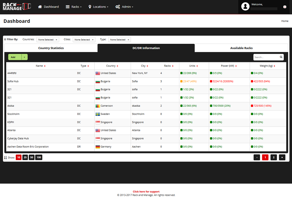 Rack and Manage Dashboard
